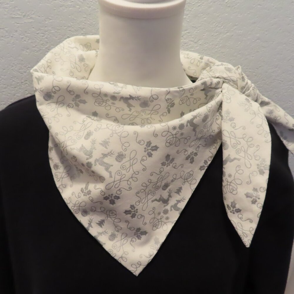 Z Neck Scarf. Christmas Design White Print Tie Scarf. Cotton Handmade